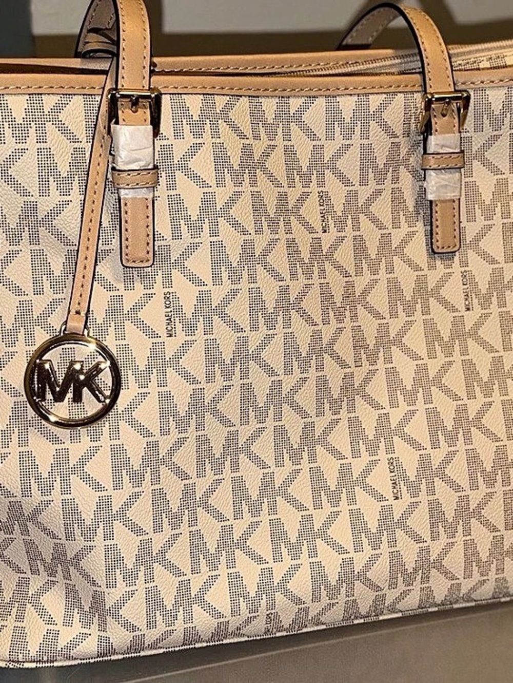 Michael Kors Jet Set Travel Medium Logo Top-Zip Tote Bag Brown & White